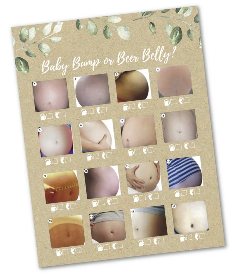 Pink Pixie Studio 30 Beer Belly or Pregnant Baby Bump Game Cards- Baby Shower or Gender Reveal Party Supply Kit- Rustic Gender Neutral Card Design- A Fun Game for Men, Women or Kids. Made in The USA - Image 1